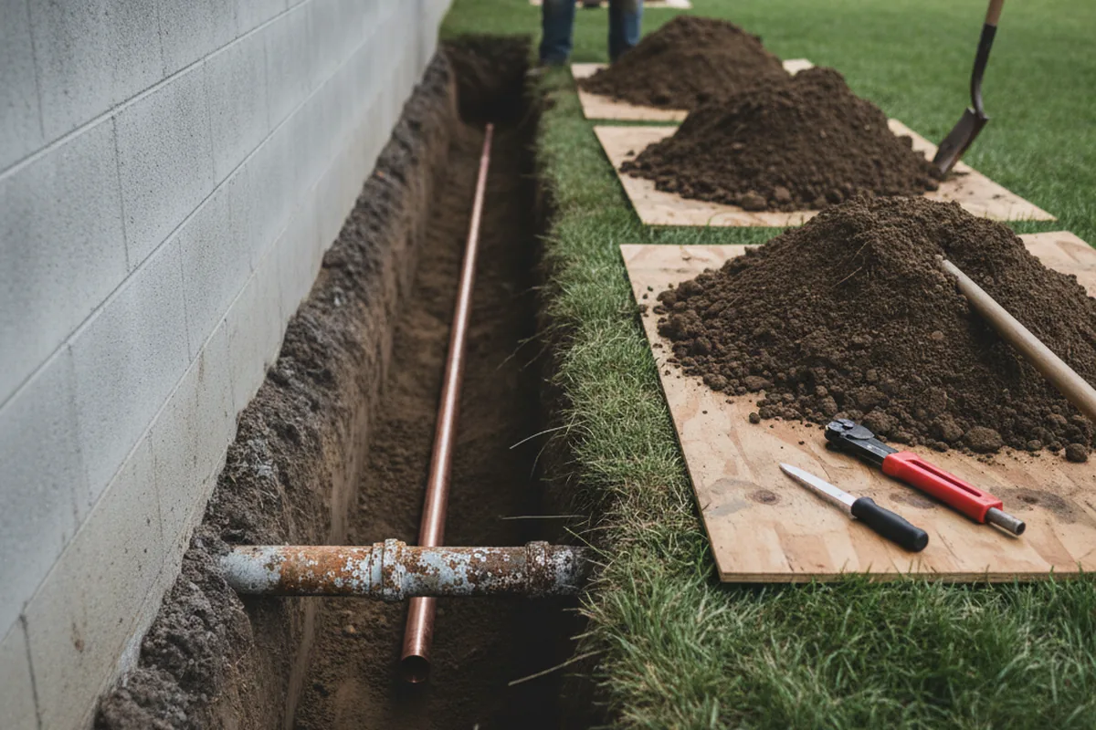 Excavated water line trench during Water Softener Installation in Maple Hill